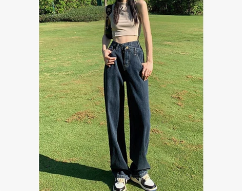 ?小个子高腰直筒牛仔裤女宽松显瘦大码拖地阔...