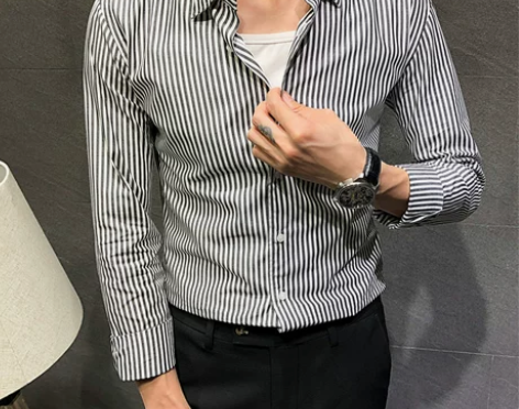 春季新款长袖小条纹衬衫男士修身英伦雅痞绅士...