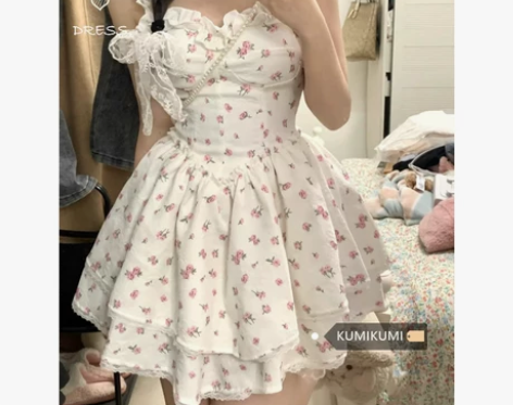 法式气质小个子吊带裙连衣裙女夏季蓬蓬裙碎花...