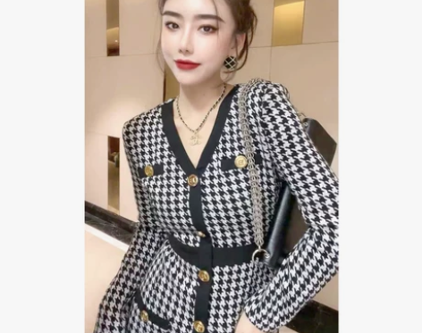 千鸟格小香风针织连衣裙女秋冬高级感轻奢名媛...