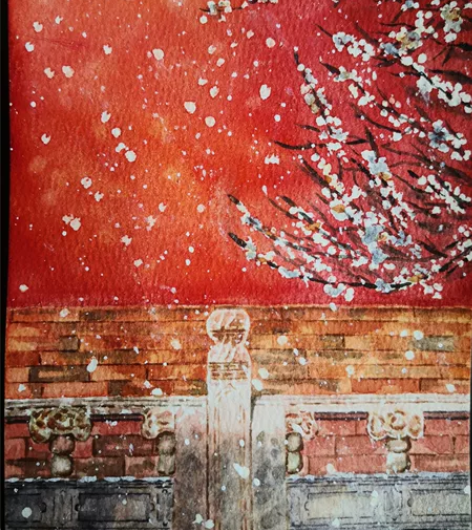 纯手绘国画山水画装饰画纯手工挂画水彩画红墙...