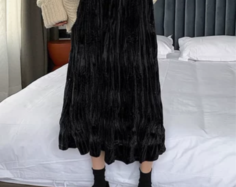 大码复古褶皱黑色半身裙中长款裙子女胖MM秋...