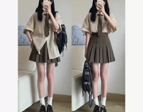 学院风条纹衬衣?百褶裙套装 裙子.领带.衬...
