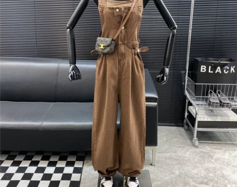 可盐可甜炸街牛仔背带裤夏季新款复古方领百搭...