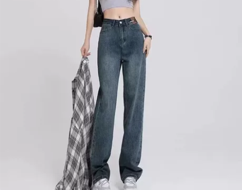 复古蓝宽松阔腿牛仔裤女秋冬季高腰显瘦直筒垂...