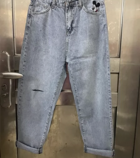 全新！L码 薄款大码高腰刺绣米奇九分哈伦裤...