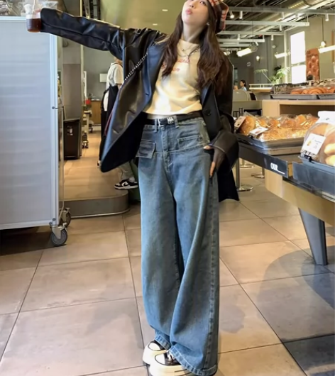 荒荒家口袋拖地牛仔裤秋季新款复古垂感宽松休...