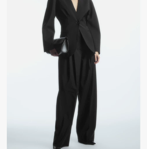 ?COS女装 休闲阔腿精裁褶裥羊毛长裤黑色...