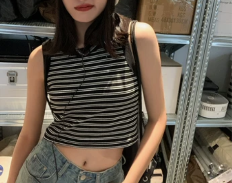 SIXI四喜家春夏 黑白条纹小背心女短款修...