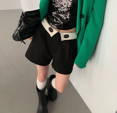 区区欧阳 黑色印花短裤女2023夏季新款高...