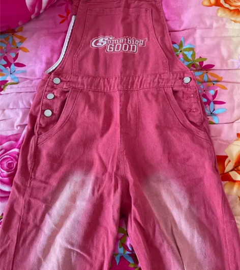 美式复古渐变牛仔背带裤女春夏街头甜辣妹粉色...