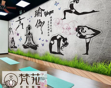 3D立体手绘涂鸦瑜伽房健康生活养生馆大型壁...