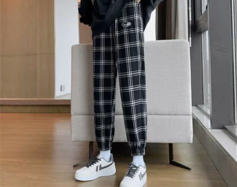 春秋黑白格子裤女九分宽松直筒新款小个萝卜休...