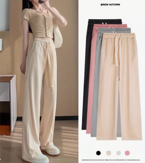 米白色冰丝运动阔腿裤女高腰垂感春秋夏季20...