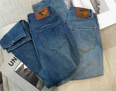 时髦简约大气立体裁剪水洗做旧高腰弹力牛仔裤...