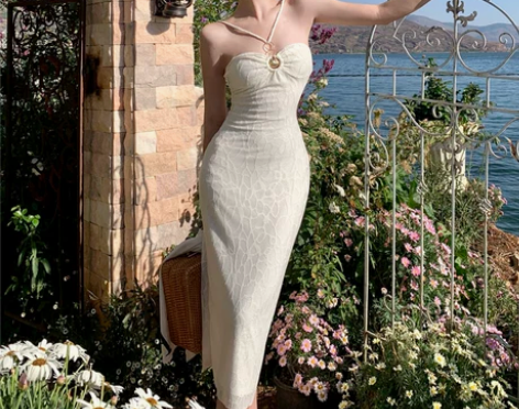 法式气质白色浪漫提花抹胸裙性感镂空修身包臀...