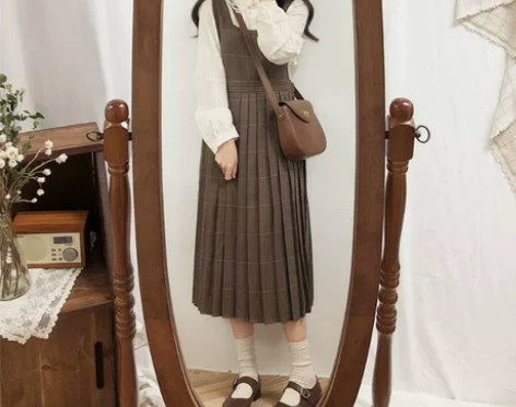 秋冬新款韩版chic复古格子背带连衣裙女中...