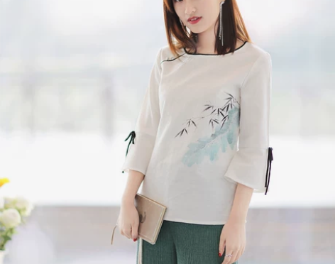 伶俐柠檬21111中国风女修身圆领棉麻手绘...