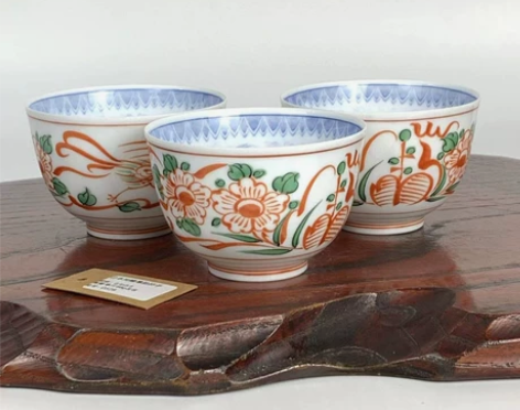 日本回流 有田烧光峰作手绘赤绘青花茶杯三客...