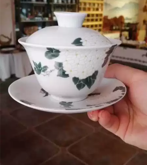 草木灰釉手绘盖碗手工功夫茶三才盖碗 实体店...