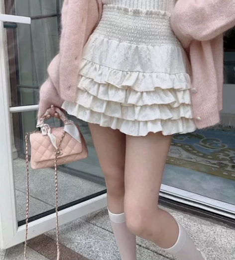 显瘦白蕾丝少女感蓬蓬蛋糕半身裙高腰短裙全新...