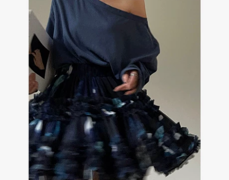 法式印花大裙摆长裙木耳边蓬蓬短裙百搭半身裙...