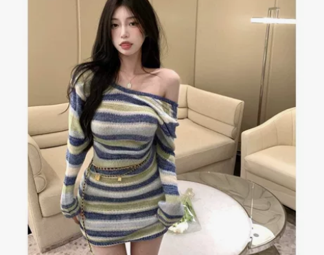 欧美风辣妹性感露背条纹针织连衣裙女秋冬新款...