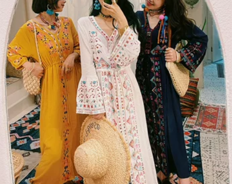 民族风裙 民族风长裙冯老板 复古刺绣v领喇...