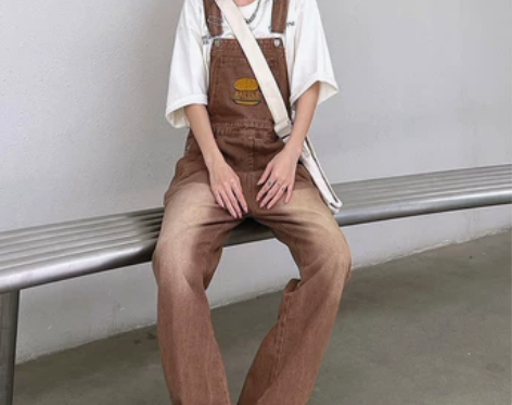 打怪 美式复古棕色汉堡刺绣牛仔背带裤女夏季...