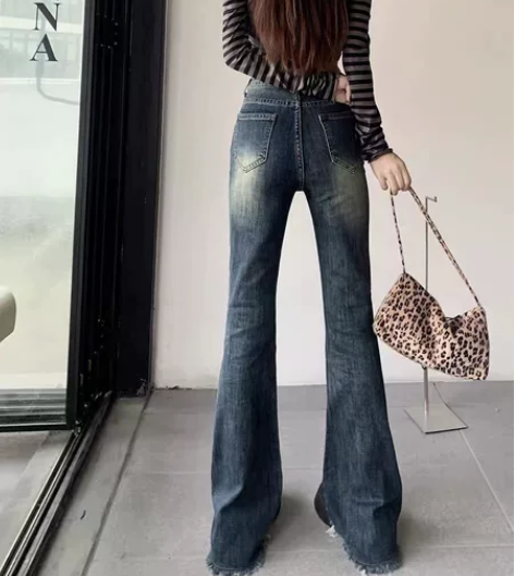 美式复古辣妹微喇叭牛仔裤女装秋装新款低腰紧...