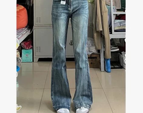 复古蓝直筒高腰长裤修身弹力显瘦喇叭裤 买的...