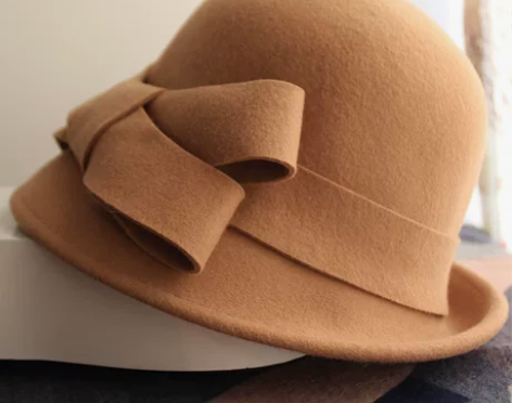 秋冬季大蝴蝶结纯羊毛呢立体帽子女士圆顶复古...