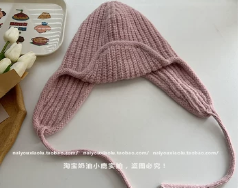 韩系出片~显脸小纯色系带针织毛线飞行帽女冬...