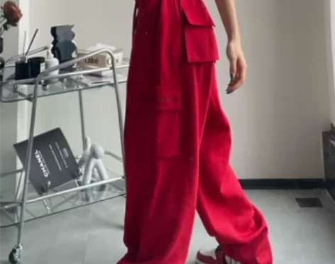 美式复古红色工装裤女欧美hiphop裤子夏...