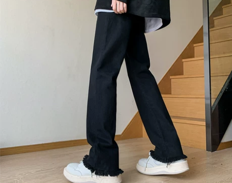 黑色毛边微喇牛仔裤男春秋季美式高街vibe...