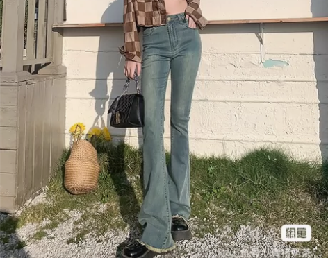 复古高腰微喇牛仔裤女春装2022新款显瘦喇...