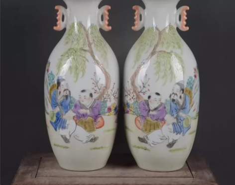 景德镇厂货手绘浅绛彩渔樵耕读人物纹双耳花瓶...