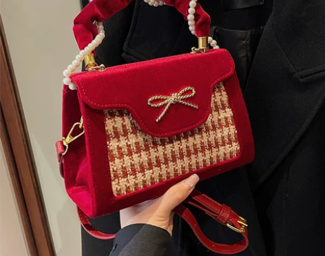 红色喜庆千鸟格小包包女2023新款手提结婚...