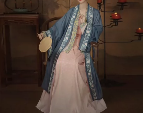 柒邑原创汉服海棠落宋制四件套 大全套蓝色原...