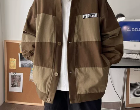 美式复古V领夹克衫男ins春秋季潮牌宽松拼...