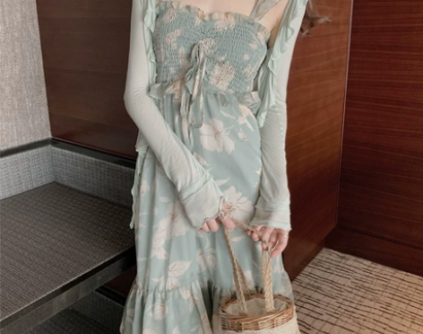 ?女装法式吊带抹胸翠绿色碎花连衣裙子夏季雪...