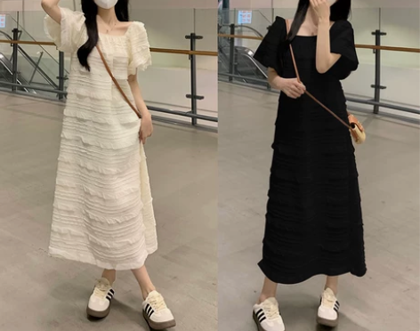 大码法式肌理感连衣裙女夏季胖mm木耳边泡泡...