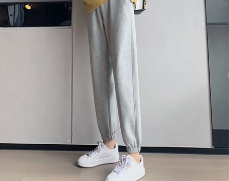 运动裤女宽松束脚灰色春秋季加绒休闲裤子高腰...
