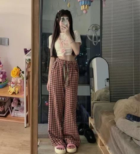 拉夏贝尔黑白格子运动阔腿裤女高腰垂感秋季新...