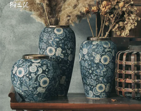 99新闲置金口干花陶瓷养鲜花青花花瓶欧式中...