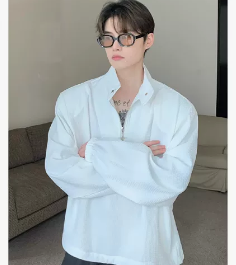 高级感华夫格立领polo衫男宽松休闲小众金...