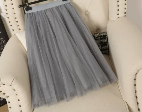 2022夏季新款灰色高腰中裙网纱半身A字裙...