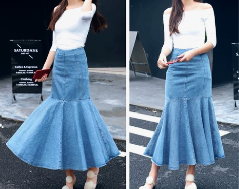 高腰牛仔鱼尾裙牛仔女裙长裙半身裙包臀荷叶边...