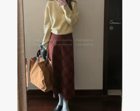 ?蔓柔校园复古红色格子毛呢半身裙女春秋季小...