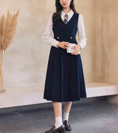 蓝语大码女装复古学院风减龄背带连衣裙春秋季...